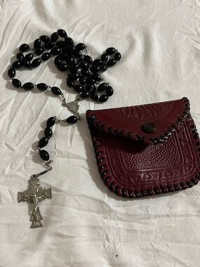 Black Bead Rosary Necklace with Silver Crucifix - Women Jewelry Necklaces